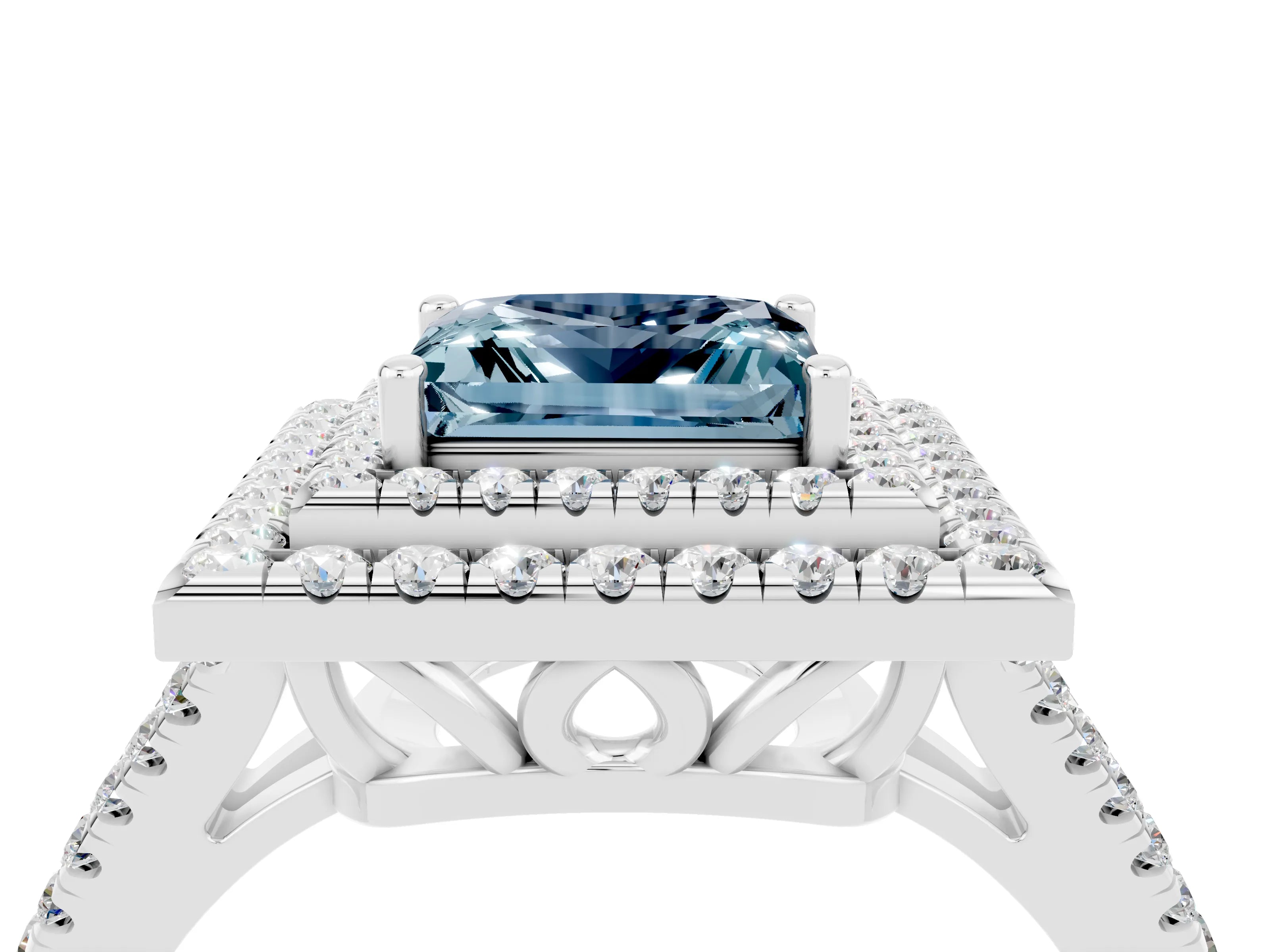 White gold Princess Cut Aquamarine Double Halo Ring with Pavé Band and Prong Setting_16
