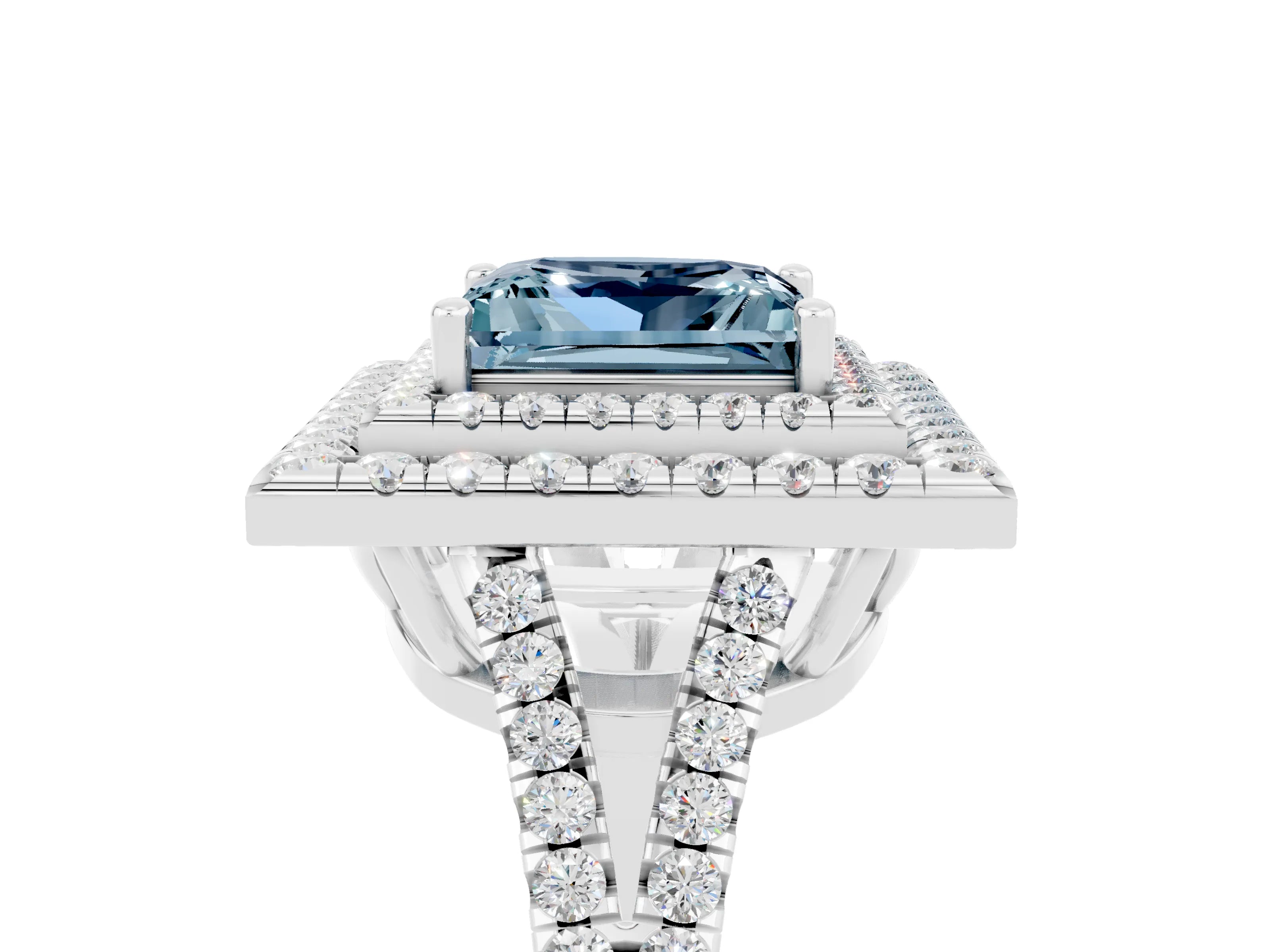White gold Princess Cut Aquamarine Double Halo Ring with Pavé Band and Prong Setting_17