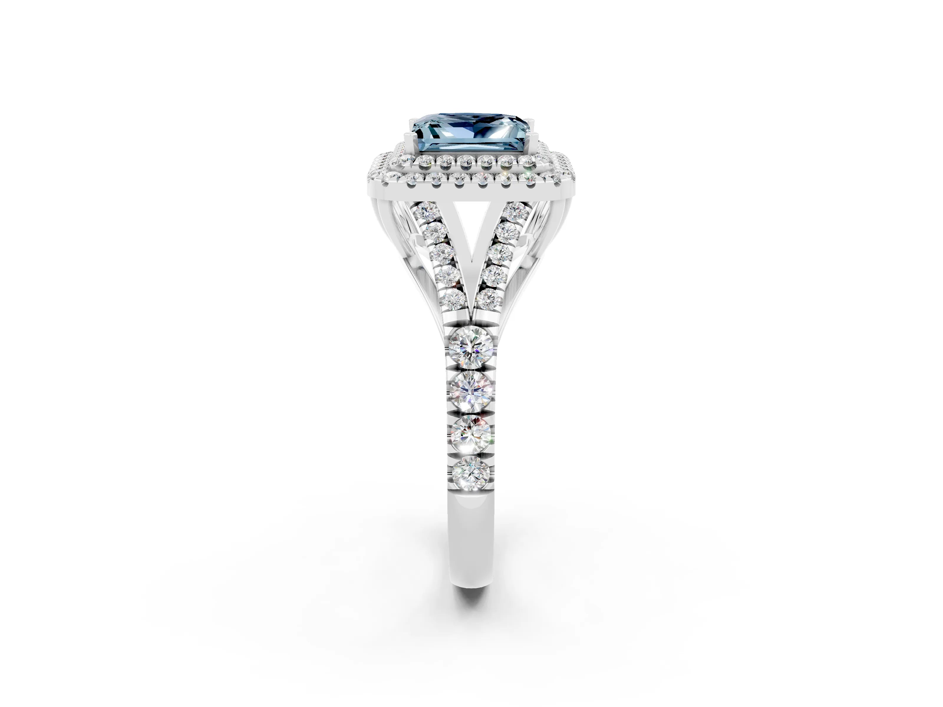 White gold Princess Cut Aquamarine Double Halo Ring with Split Shank and Prong Setting_14