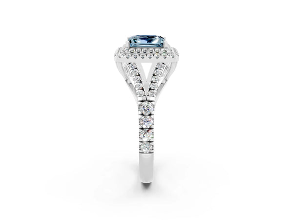 Platinum Princess Cut Aquamarine Double Halo Ring with Split Shank and Prong Setting