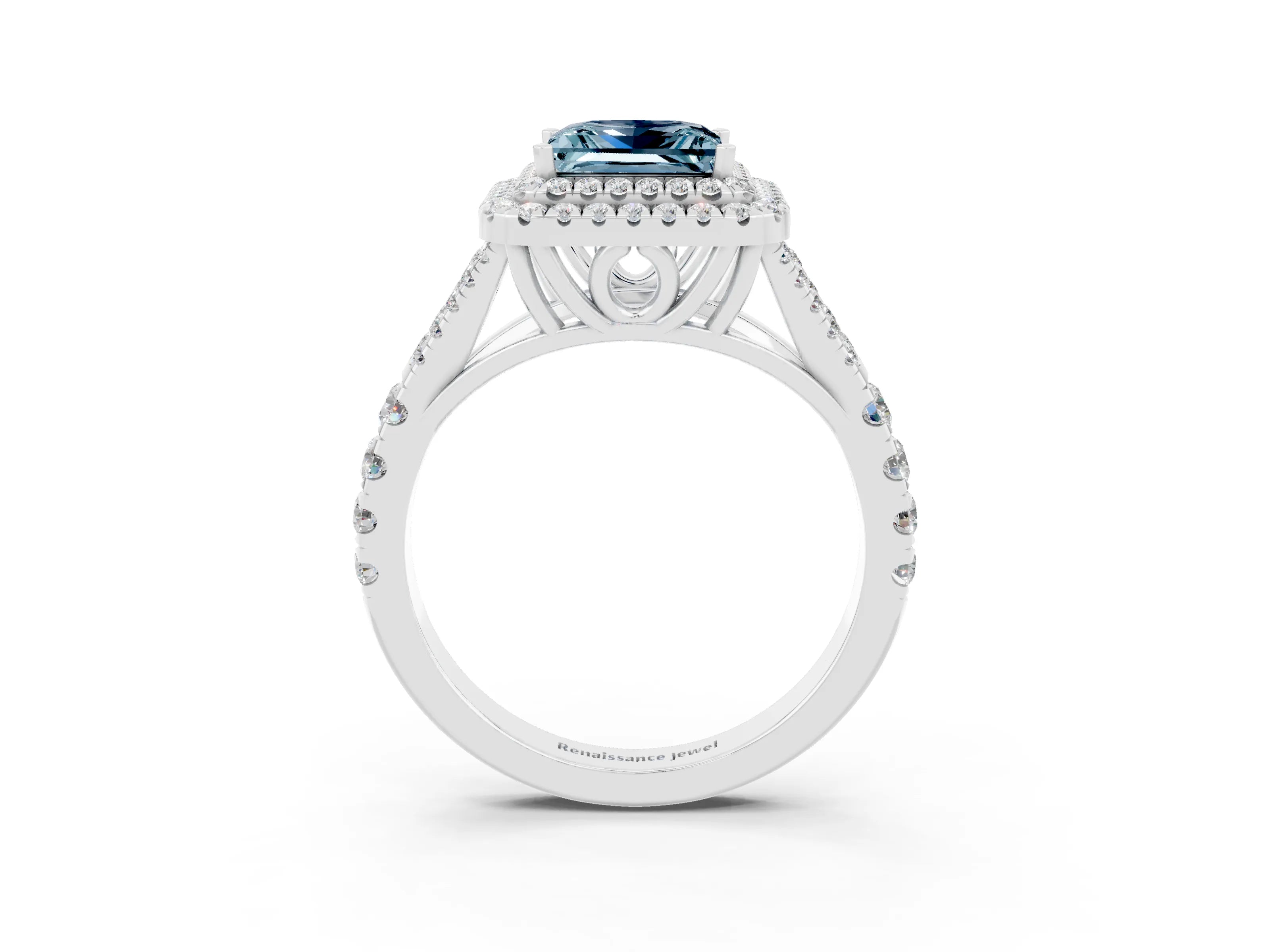 White gold Princess Cut Aquamarine Double Halo Ring with Split Shank and Prong Setting_15