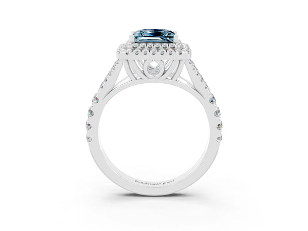 Silver Princess Cut Aquamarine Double Halo Ring with Split Shank and Prong Setting
