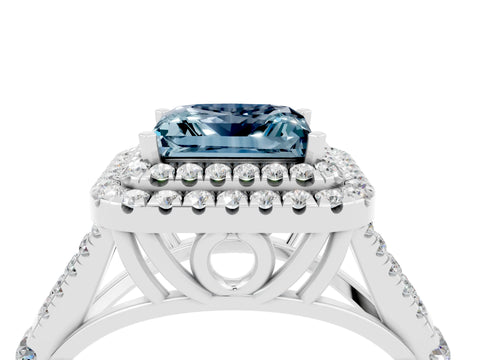 White gold Princess Cut Aquamarine Double Halo Ring with Split Shank and Prong Setting_16