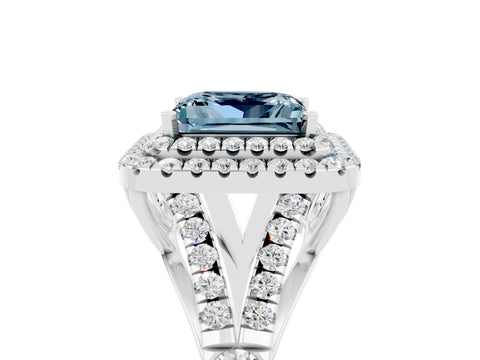 White gold Princess Cut Aquamarine Double Halo Ring with Split Shank and Prong Setting_17