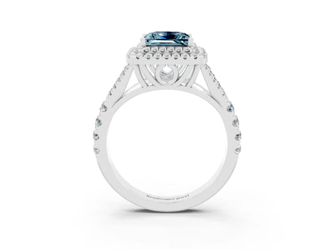 White gold Princess Cut Aquamarine Double Halo Ring with Split Shank and Prong Setting_27