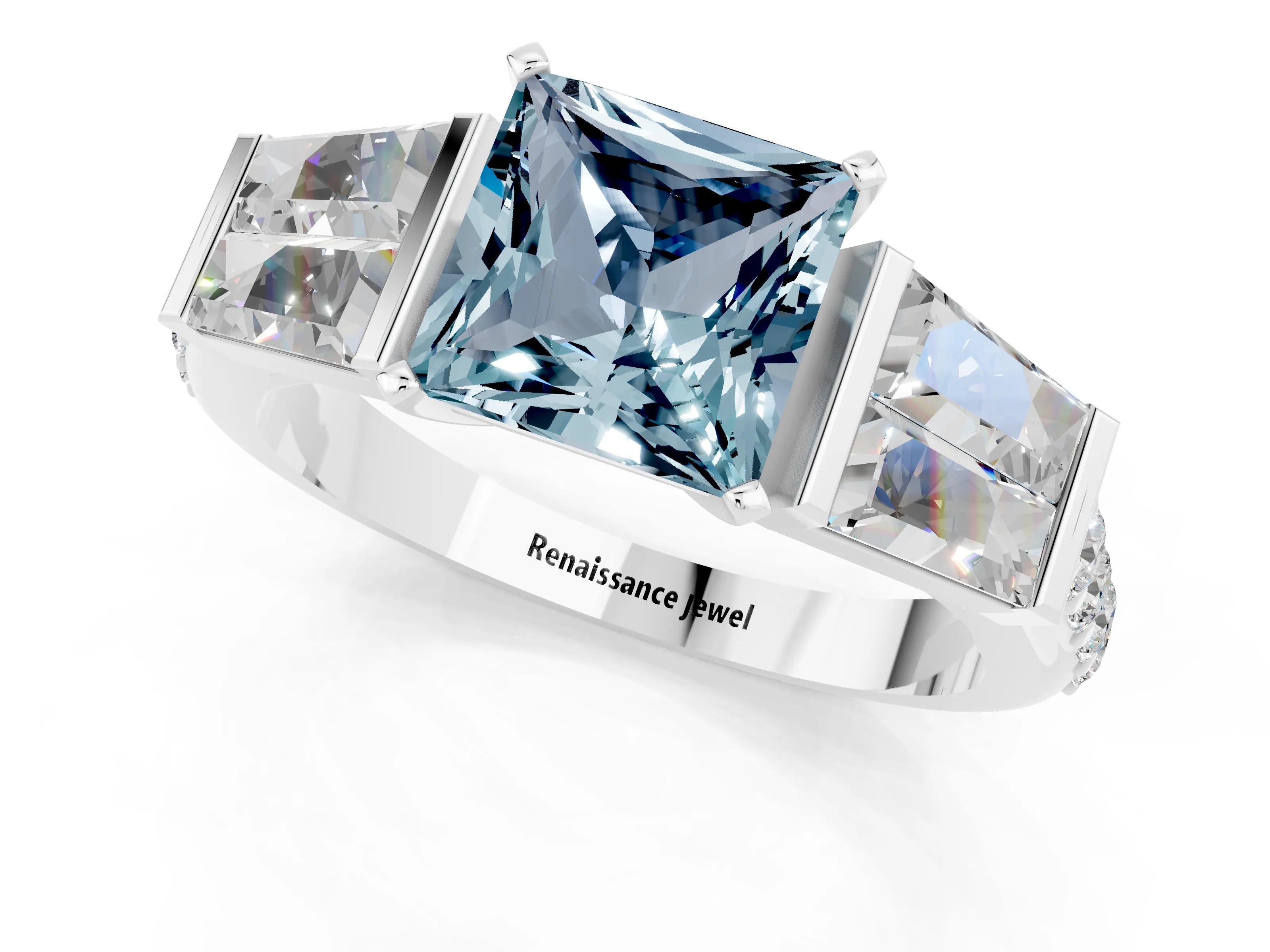White gold Princess Cut Aquamarine Engagement Ring with Baguette Side Stones and Channel Set Band_1