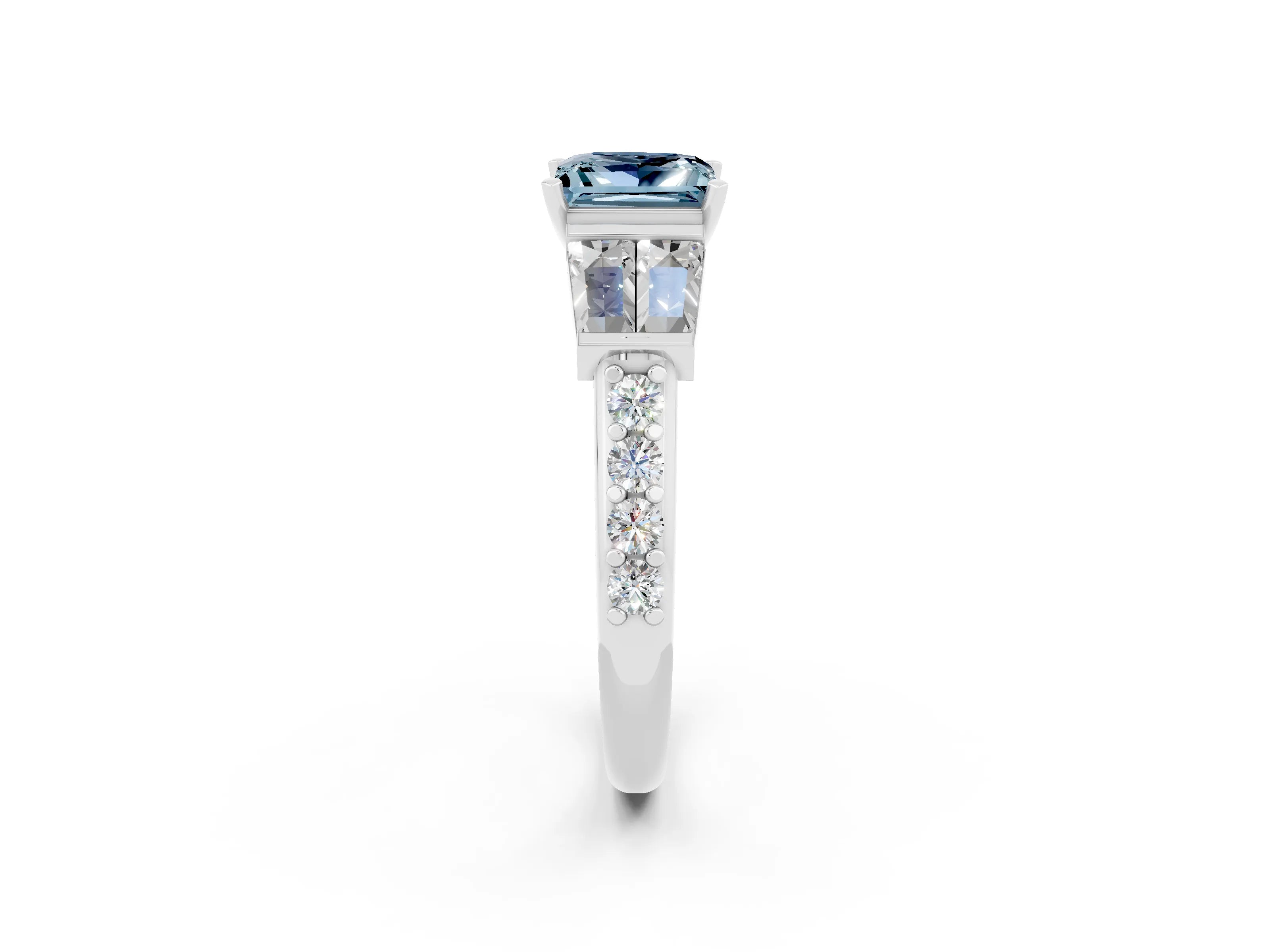 White gold Princess Cut Aquamarine Engagement Ring with Baguette Side Stones and Channel Set Band_2