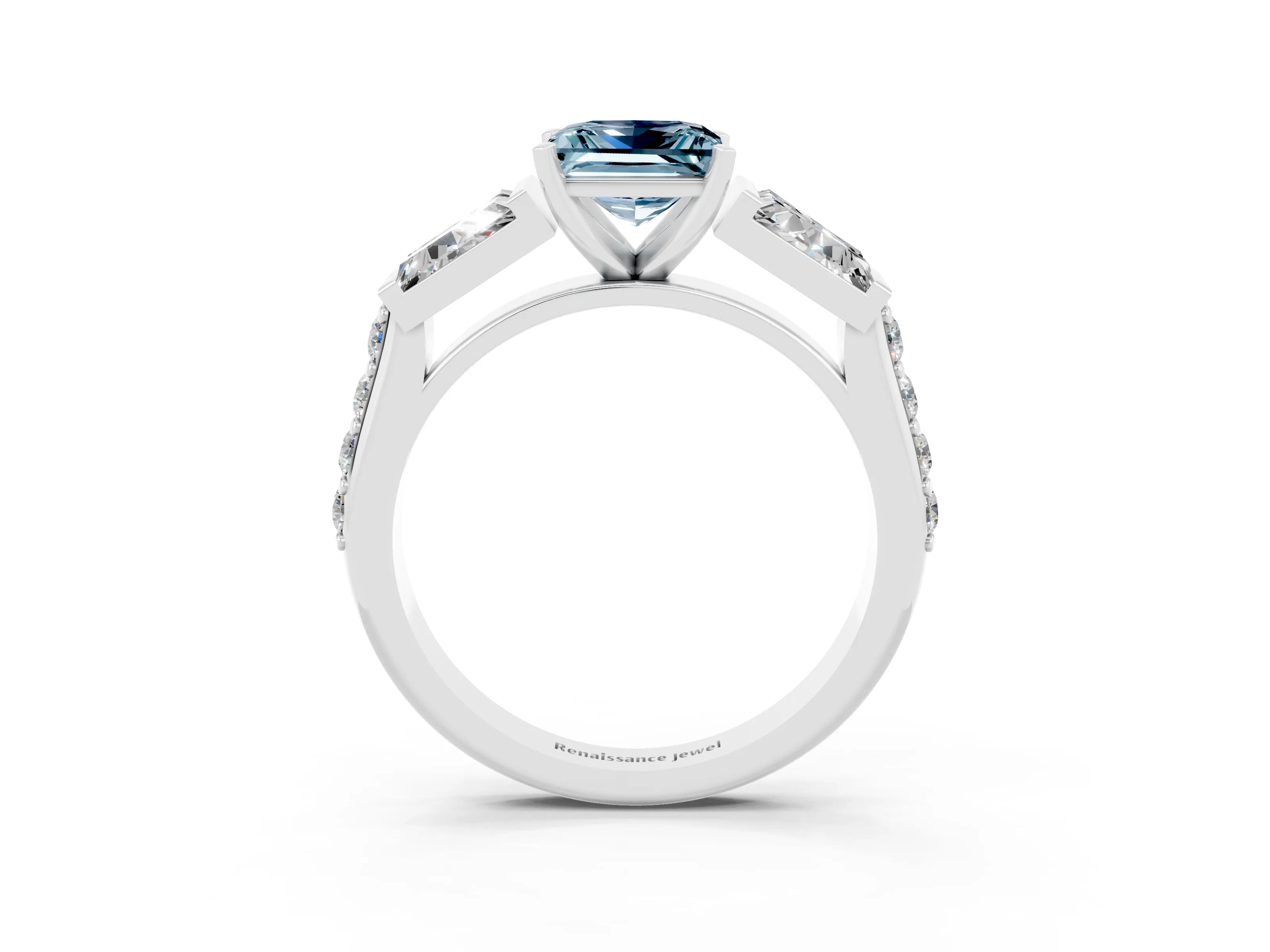 White gold Princess Cut Aquamarine Engagement Ring with Baguette Side Stones and Channel Set Band_3