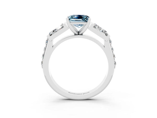 White gold Princess Cut Aquamarine Engagement Ring with Baguette Side Stones and Channel Set Band
