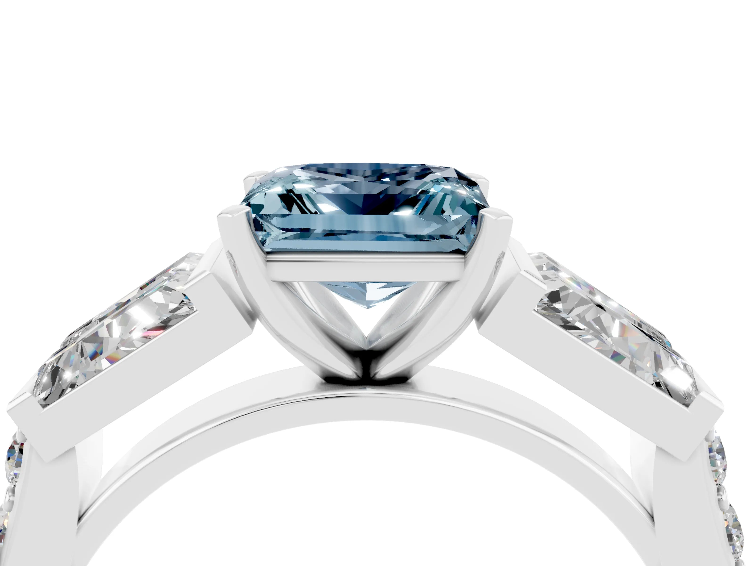 White gold Princess Cut Aquamarine Engagement Ring with Baguette Side Stones and Channel Set Band_4