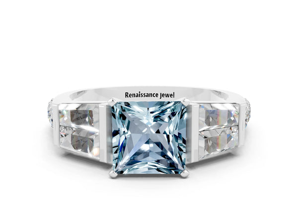 Silver Princess Cut Aquamarine Engagement Ring with Baguette Side Stones and Channel Set Band
