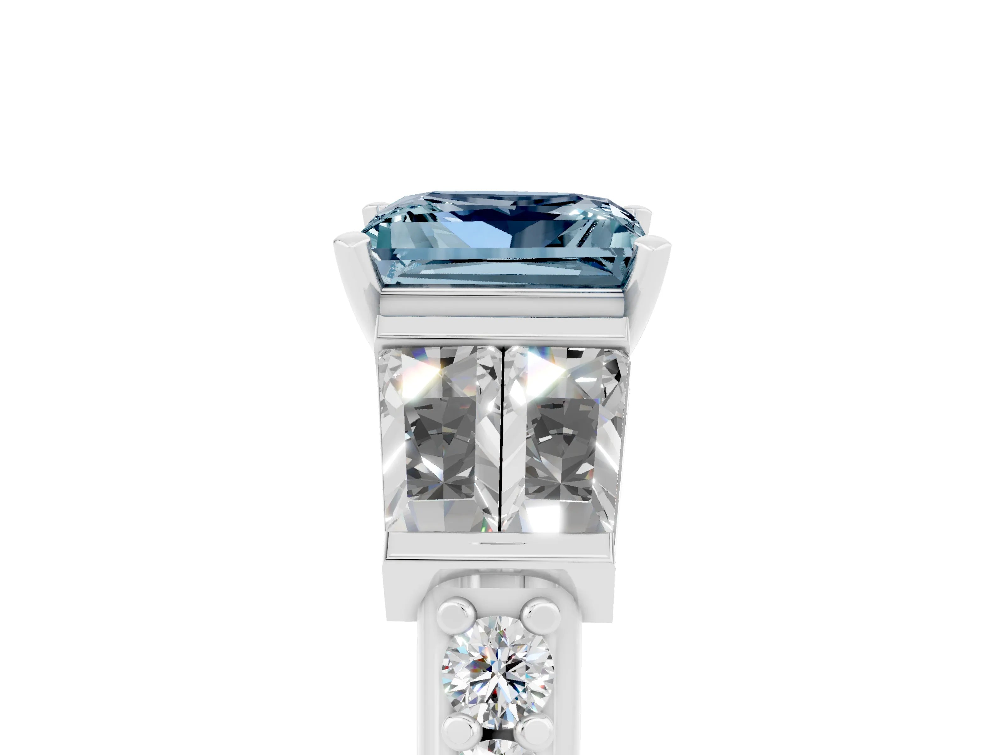 White gold Princess Cut Aquamarine Engagement Ring with Baguette Side Stones and Channel Set Band_5