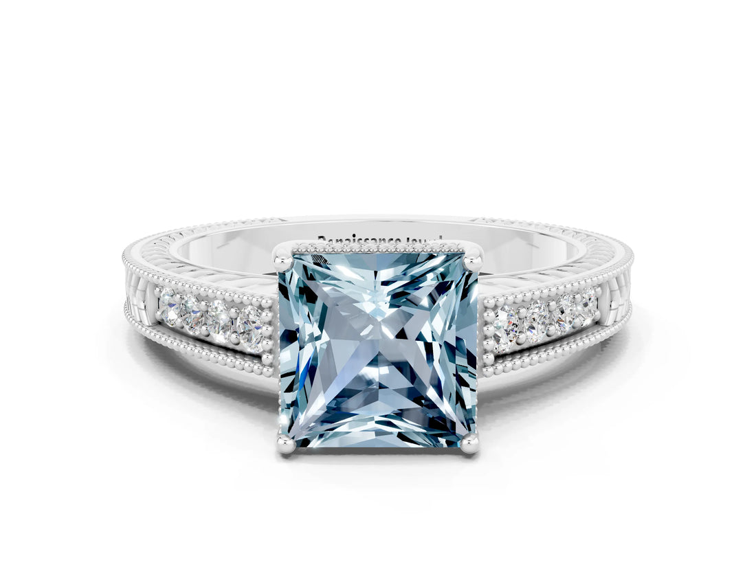 White gold Princess Cut Aquamarine Engagement Ring with Milgrain Channel Set Band and Prong Setting