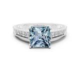 White gold Princess Cut Aquamarine Engagement Ring with Milgrain Channel Set Band and Prong Setting