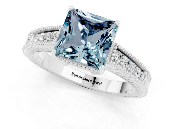 Silver Princess Cut Aquamarine Engagement Ring with Milgrain Channel Set Band and Prong Setting