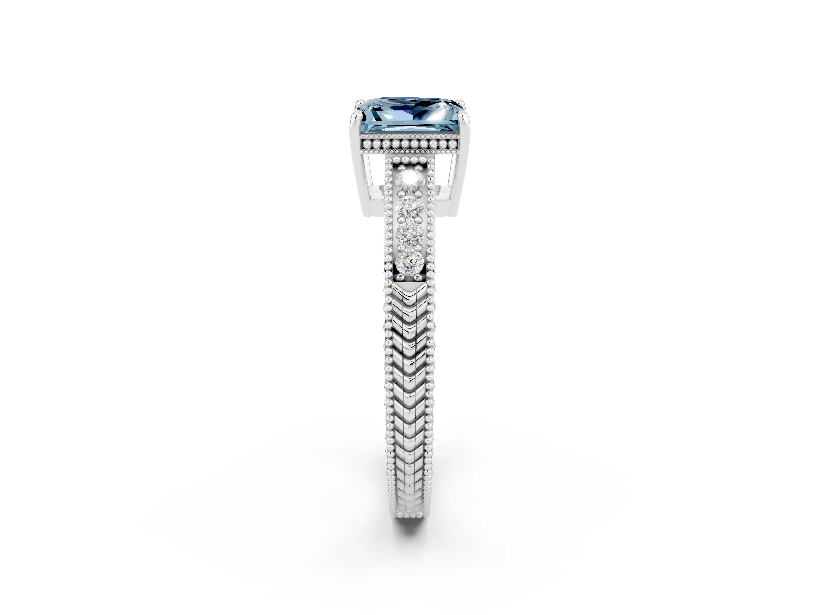 White gold Princess Cut Aquamarine Engagement Ring with Milgrain Channel Set Band and Prong Setting_2
