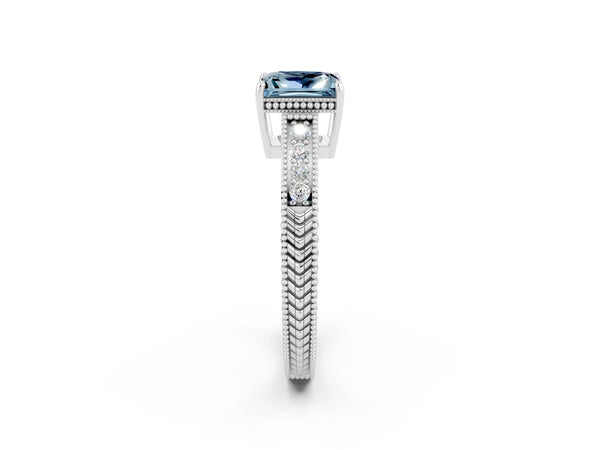 Silver Princess Cut Aquamarine Engagement Ring with Milgrain Channel Set Band and Prong Setting