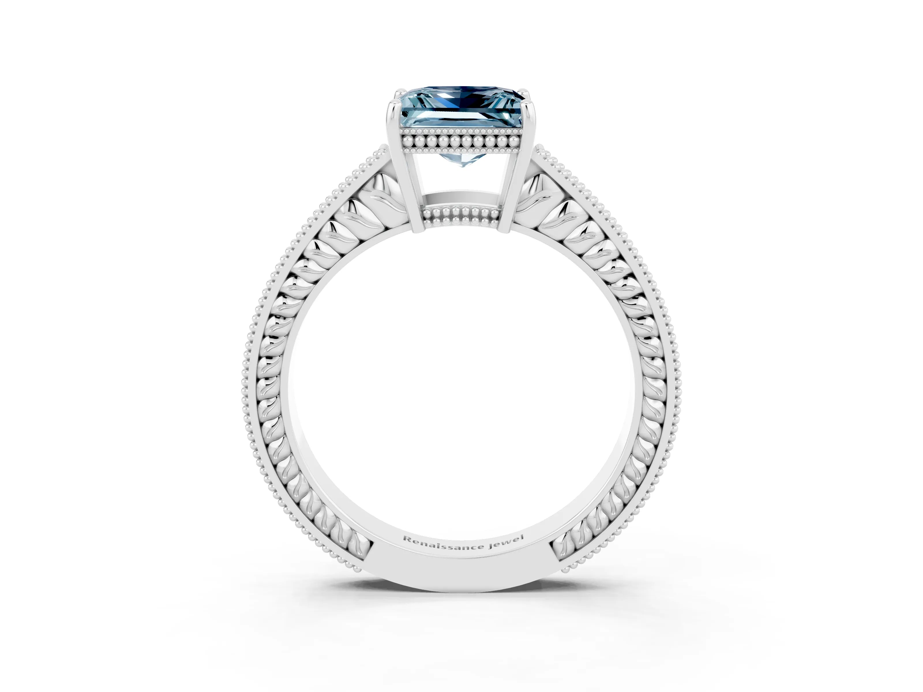White gold Princess Cut Aquamarine Engagement Ring with Milgrain Channel Set Band and Prong Setting_3