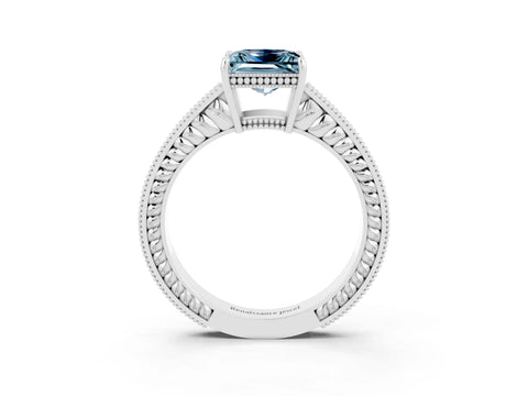 White gold Princess Cut Aquamarine Engagement Ring with Milgrain Channel Set Band and Prong Setting_3