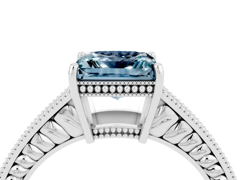 White gold Princess Cut Aquamarine Engagement Ring with Milgrain Channel Set Band and Prong Setting_4