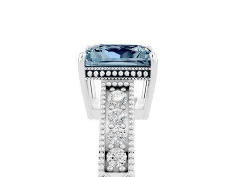 White gold Princess Cut Aquamarine Engagement Ring with Milgrain Channel Set Band and Prong Setting_5