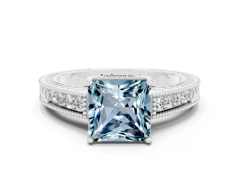 White gold Princess Cut Aquamarine Engagement Ring with Milgrain Channel Set Band and Prong Setting