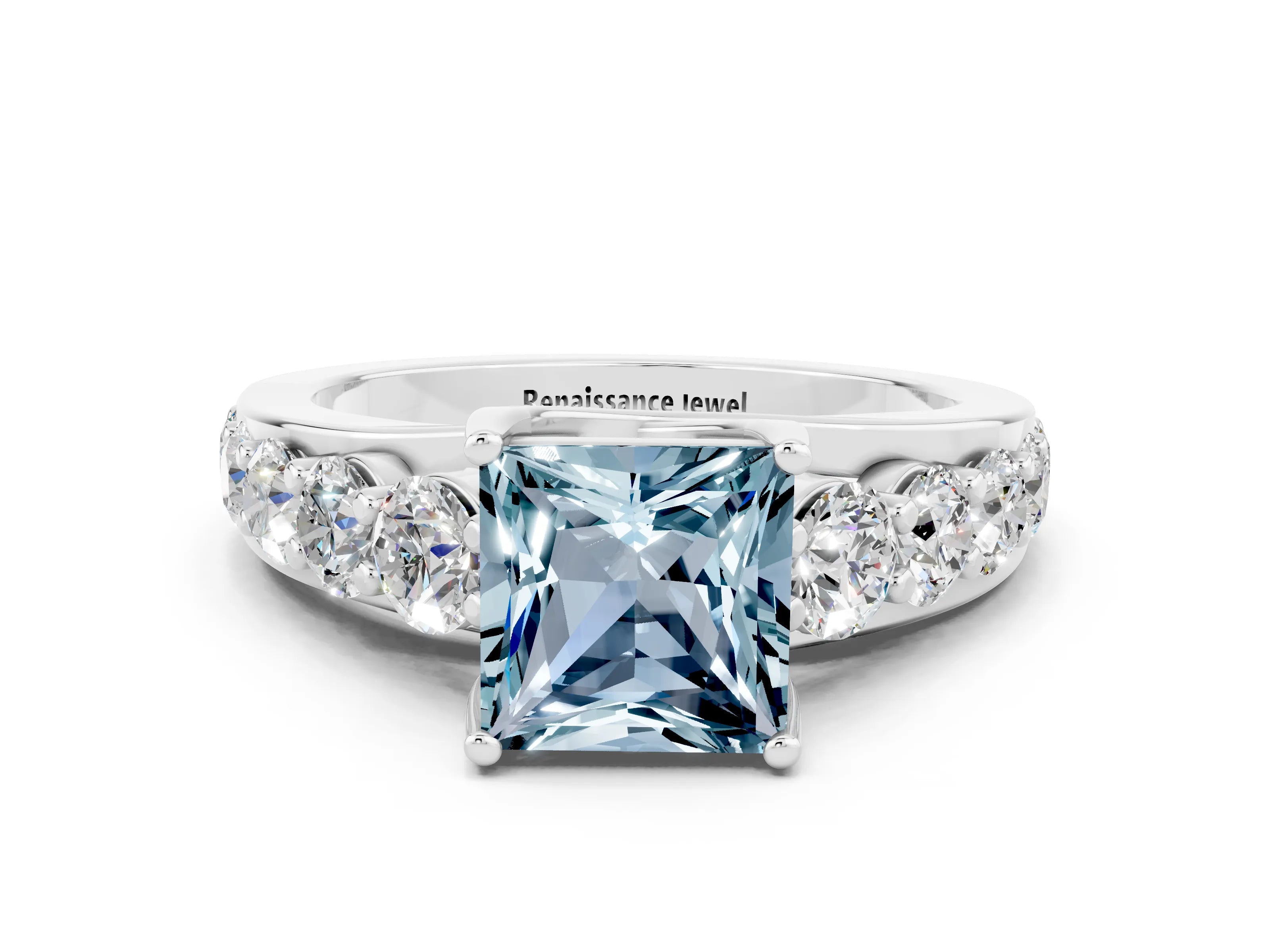 White gold Princess Cut Aquamarine Engagement Ring with Pavé Band and Four-Prong Setting