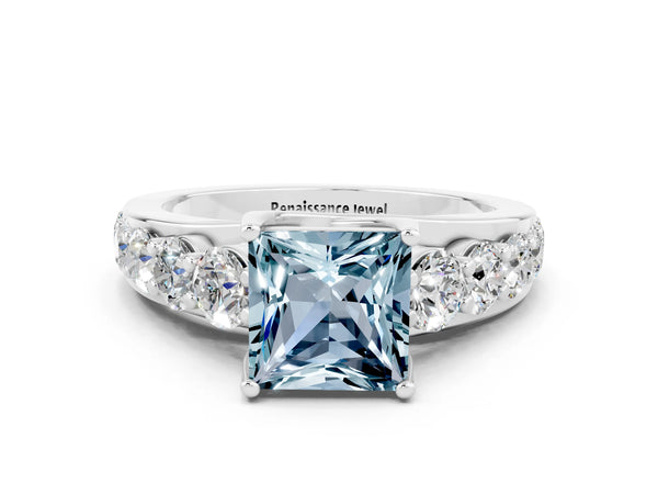 Platinum Princess Cut Aquamarine Engagement Ring with Pavé Band and Four-Prong Setting