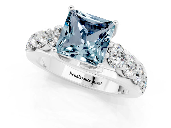 White gold Princess Cut Aquamarine Engagement Ring with Pavé Band and Four-Prong Setting
