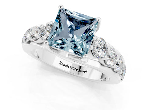 White gold Princess Cut Aquamarine Engagement Ring with Pavé Band and Four-Prong Setting_1