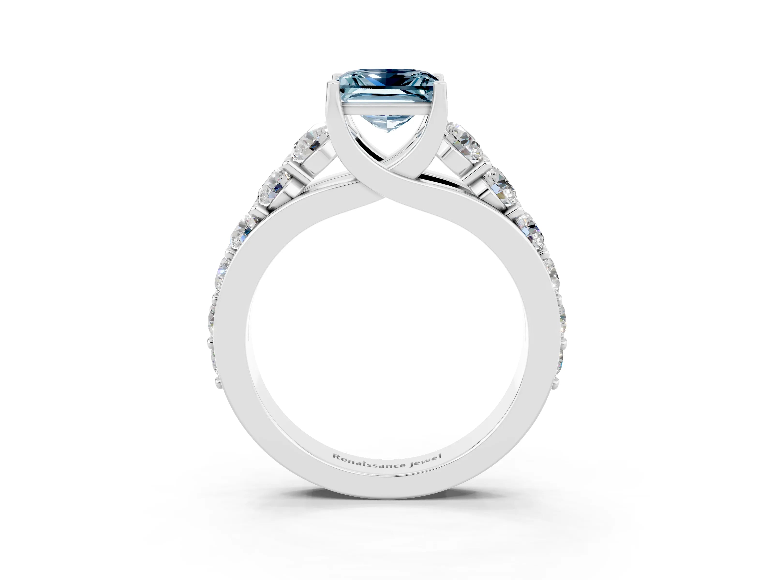 White gold Princess Cut Aquamarine Engagement Ring with Pavé Band and Four-Prong Setting_3