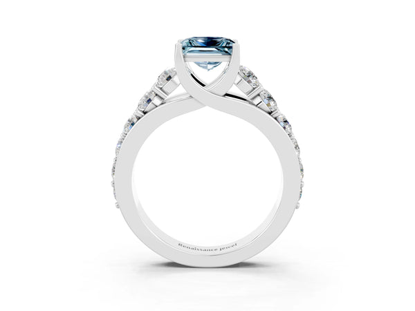 Silver Princess Cut Aquamarine Engagement Ring with Pavé Band and Four-Prong Setting