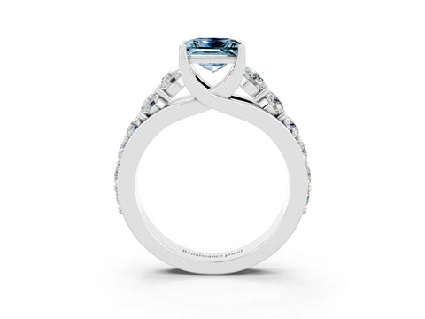 White gold Princess Cut Aquamarine Engagement Ring with Pavé Band and Four-Prong Setting_3
