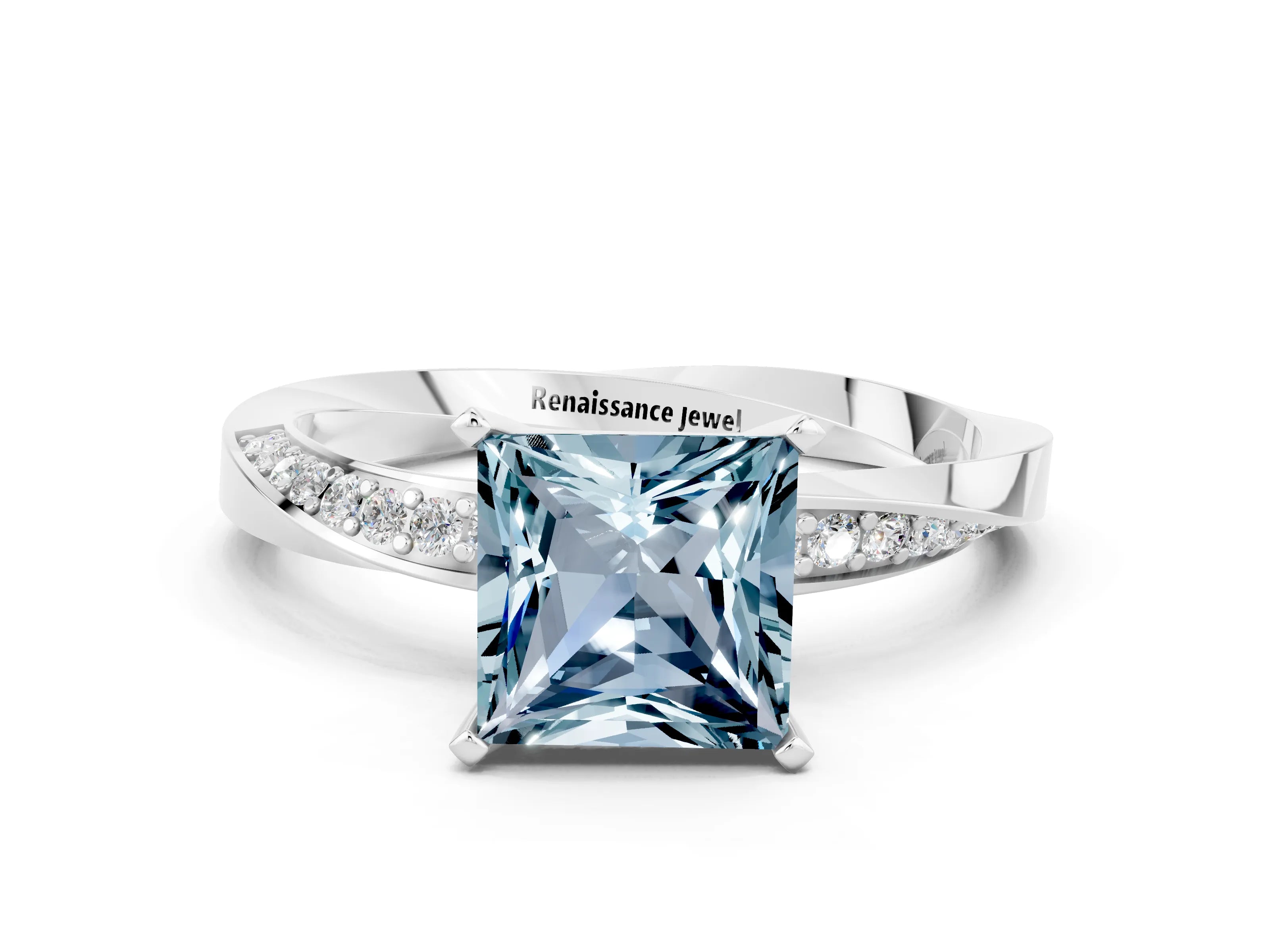 White gold Princess Cut Aquamarine Engagement Ring with Side Stone Accents and Four-Prong Setting_39