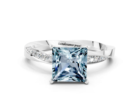 White gold Princess Cut Aquamarine Engagement Ring with Side Stone Accents and Four-Prong Setting_39