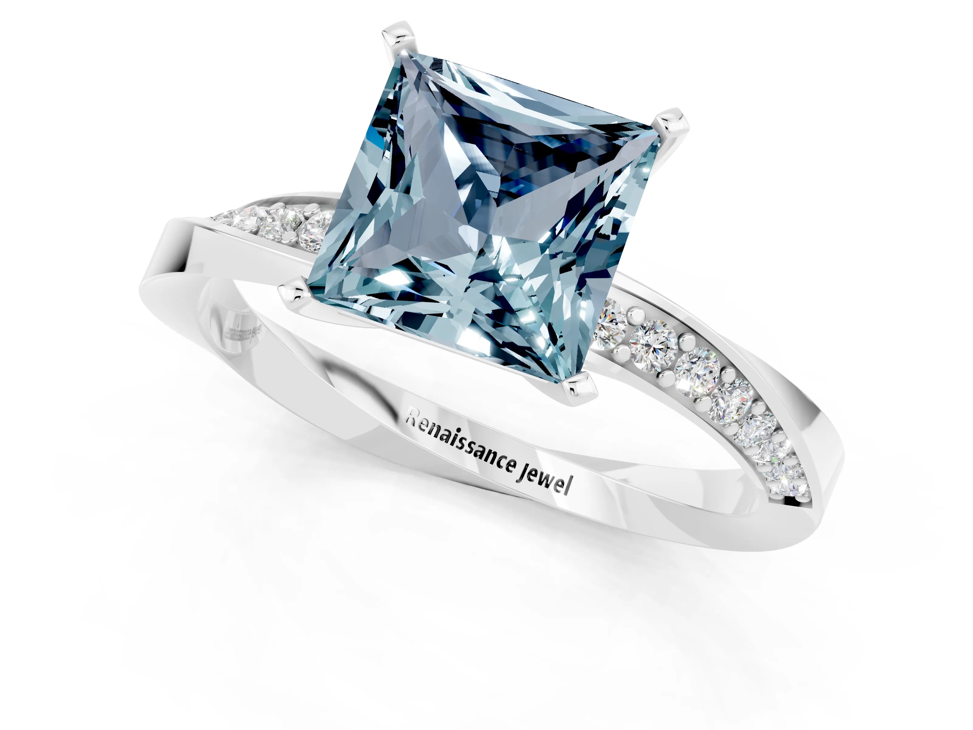 White gold Princess Cut Aquamarine Engagement Ring with Side Stone Accents and Four-Prong Setting_40