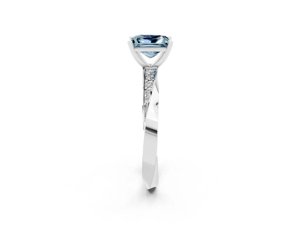 White gold Princess Cut Aquamarine Engagement Ring with Side Stone Accents and Four-Prong Setting