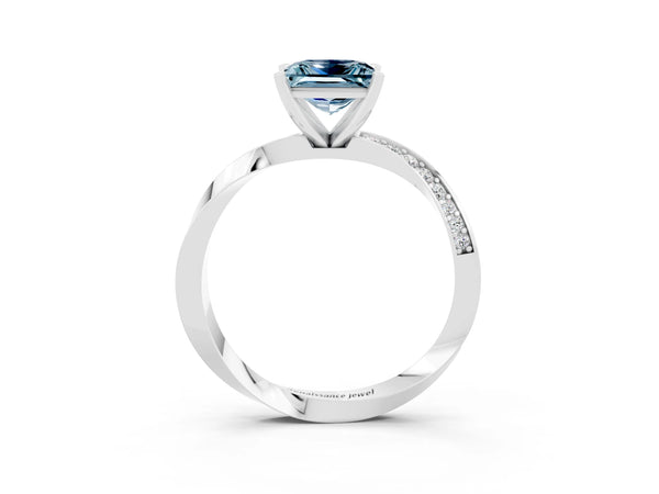 White gold Princess Cut Aquamarine Engagement Ring with Side Stone Accents and Four-Prong Setting