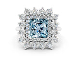 White gold Princess Cut Aquamarine Floral Double Halo Engagement Ring with Prong Setting_139