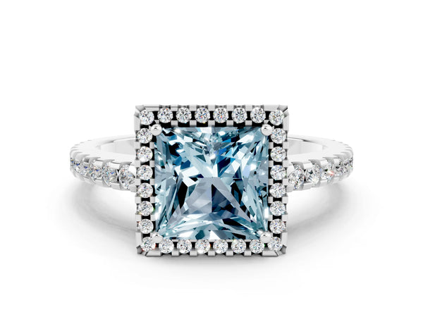 Silver Princess Cut Aquamarine Halo Engagement Ring with Pavé Band and Prong Setting