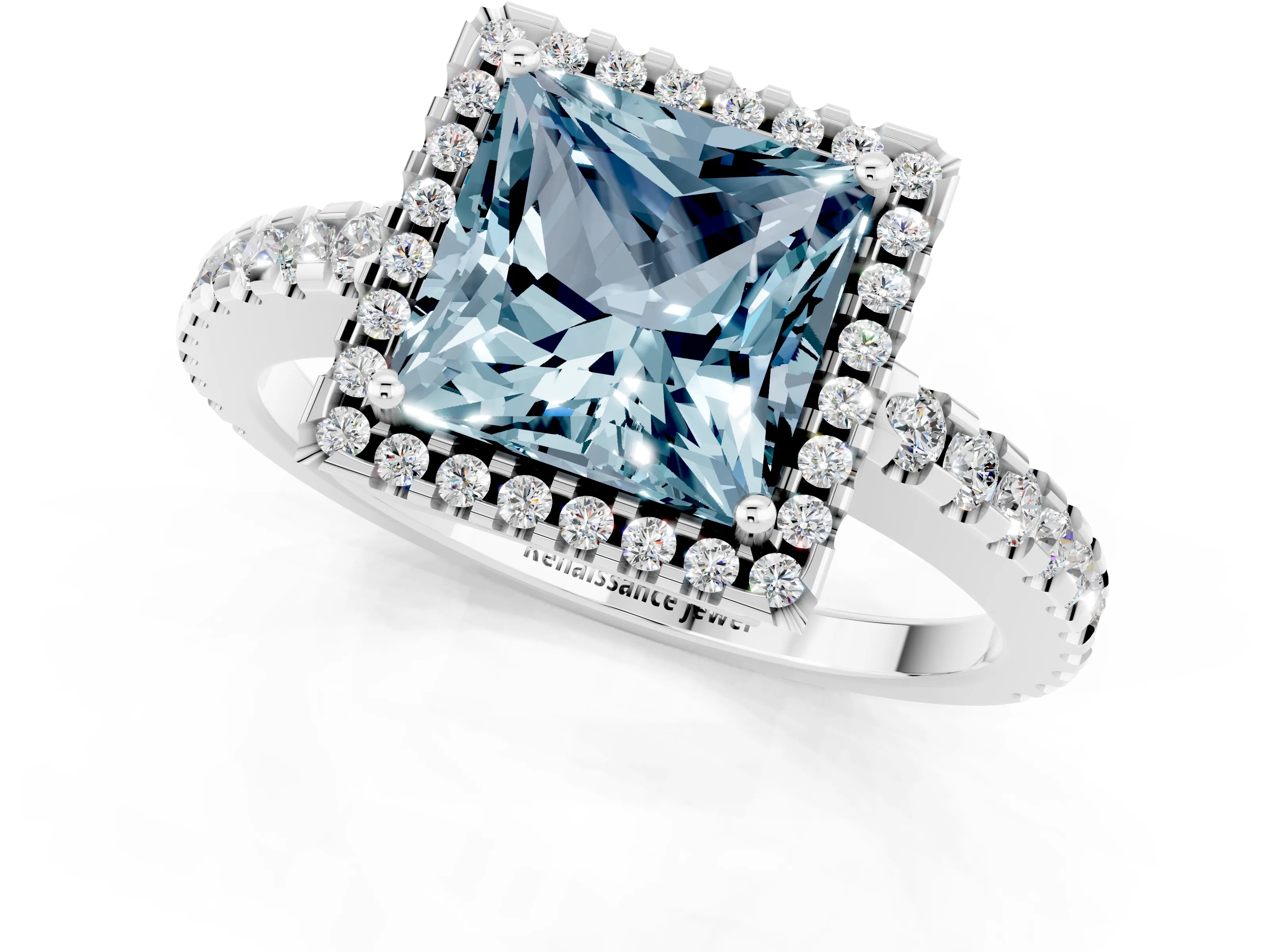 White gold Princess Cut Aquamarine Halo Engagement Ring with Pavé Band and Prong Setting_13