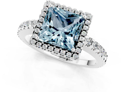 White gold Princess Cut Aquamarine Halo Engagement Ring with Pavé Band and Prong Setting_13