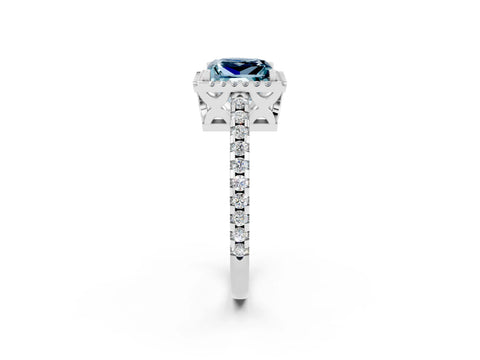 White gold Princess Cut Aquamarine Halo Engagement Ring with Pavé Band and Prong Setting_14