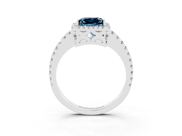 White gold Princess Cut Aquamarine Halo Engagement Ring with Pavé Band and Prong Setting