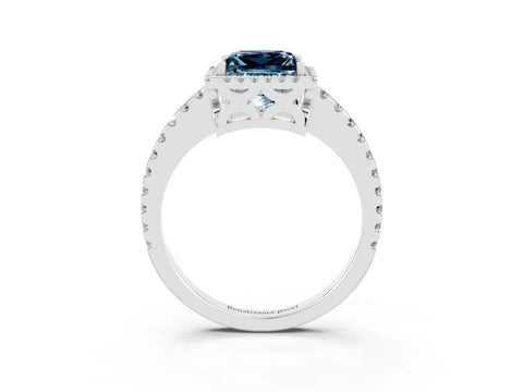 White gold Princess Cut Aquamarine Halo Engagement Ring with Pavé Band and Prong Setting_15