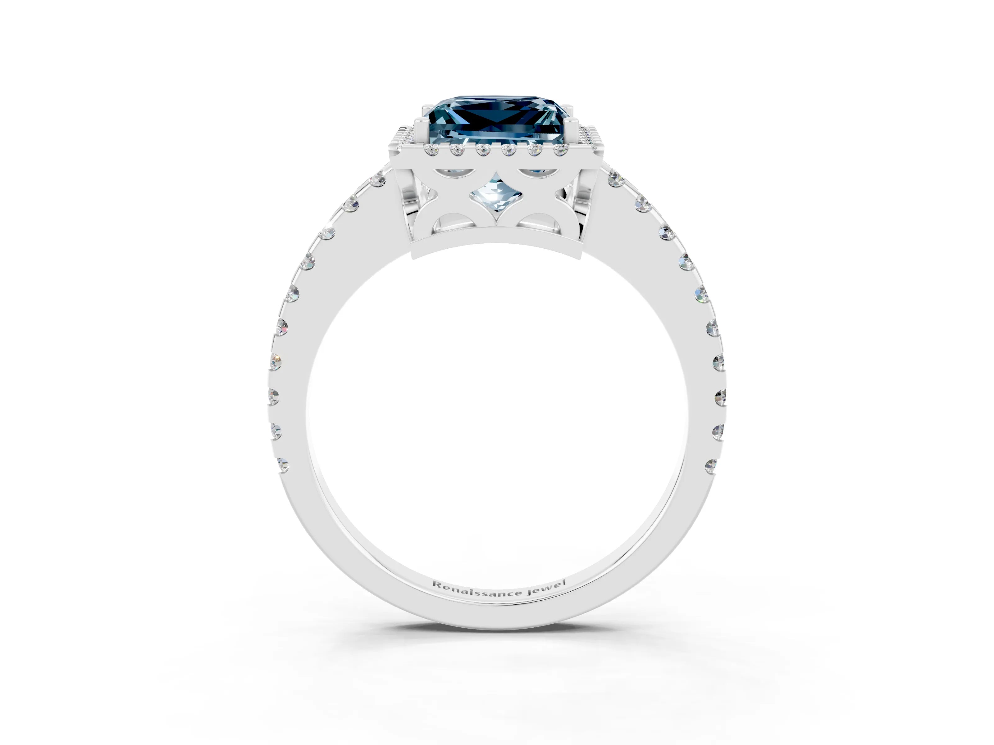 White gold Princess Cut Aquamarine Halo Engagement Ring with Pavé Band and Prong Setting_15