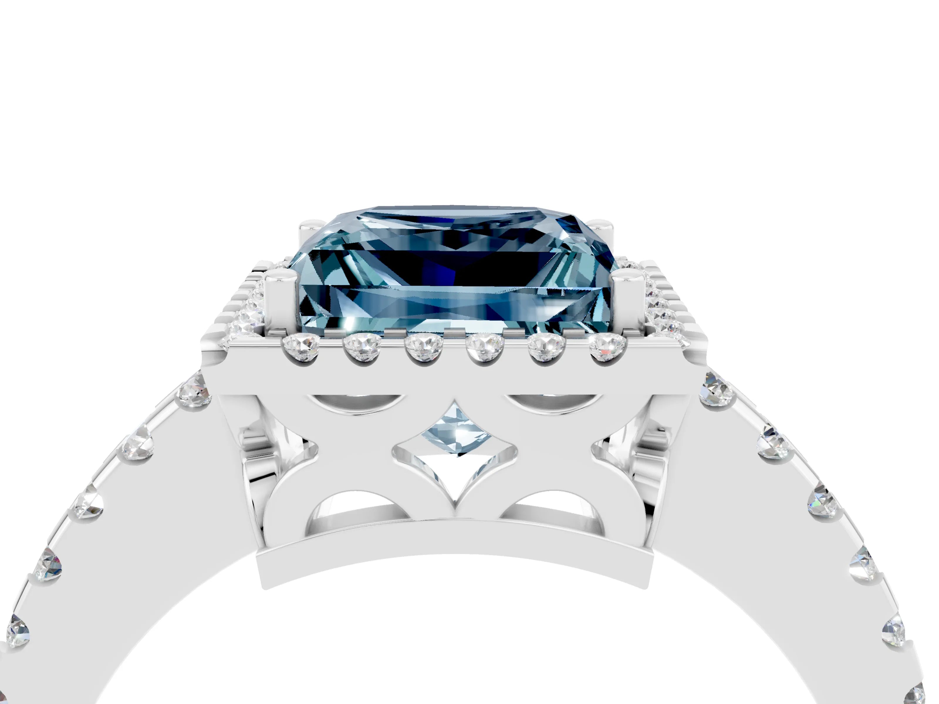 White gold Princess Cut Aquamarine Halo Engagement Ring with Pavé Band and Prong Setting_16