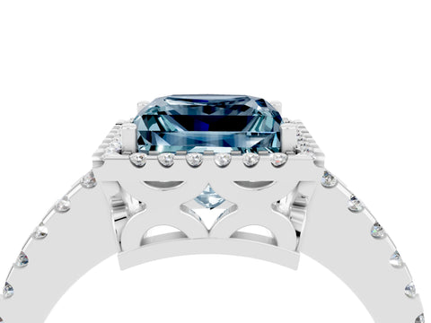 White gold Princess Cut Aquamarine Halo Engagement Ring with Pavé Band and Prong Setting_16