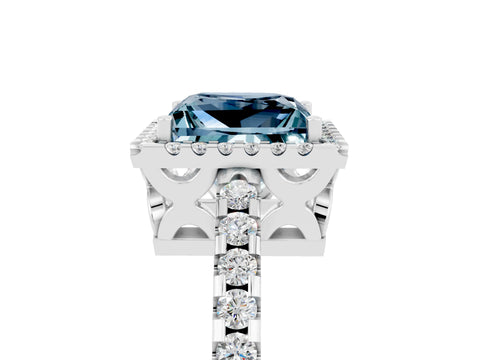 White gold Princess Cut Aquamarine Halo Engagement Ring with Pavé Band and Prong Setting_17