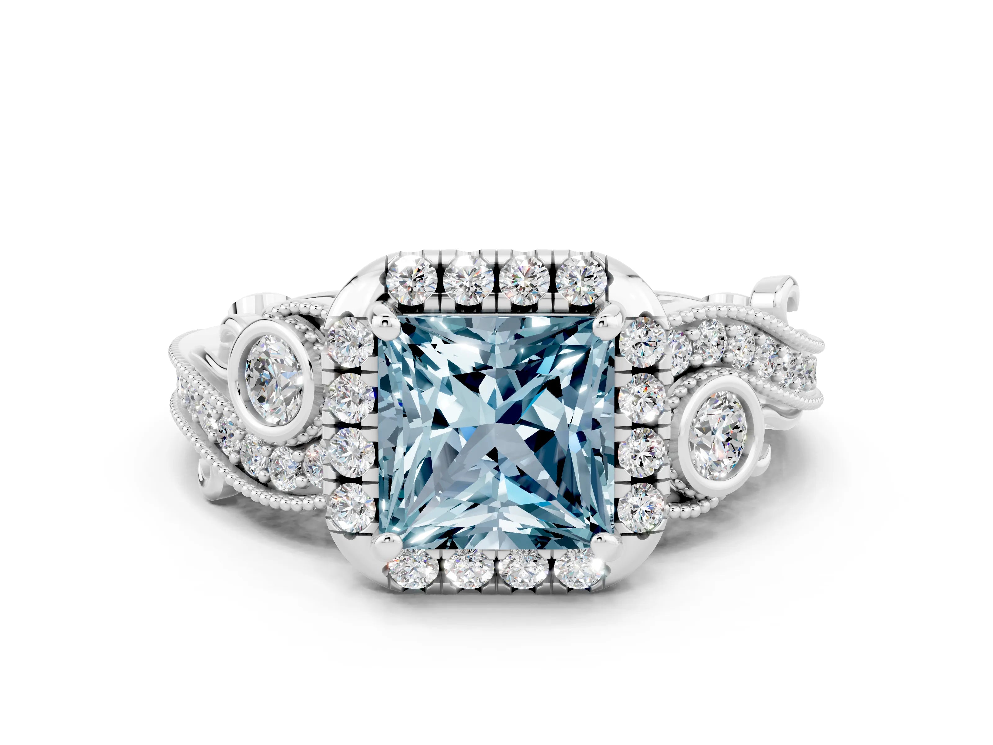 White gold Princess Cut Aquamarine Halo Ring with Milgrain Pavé Band and Four-Prong Setting_30
